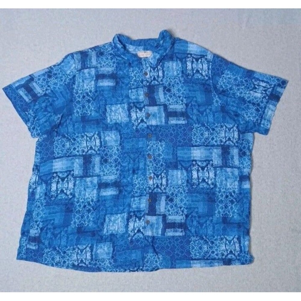 Oakhill Short Sleeve Button Up Mens 4XLT Blue Patchwork Tie Dye Abstract Retro